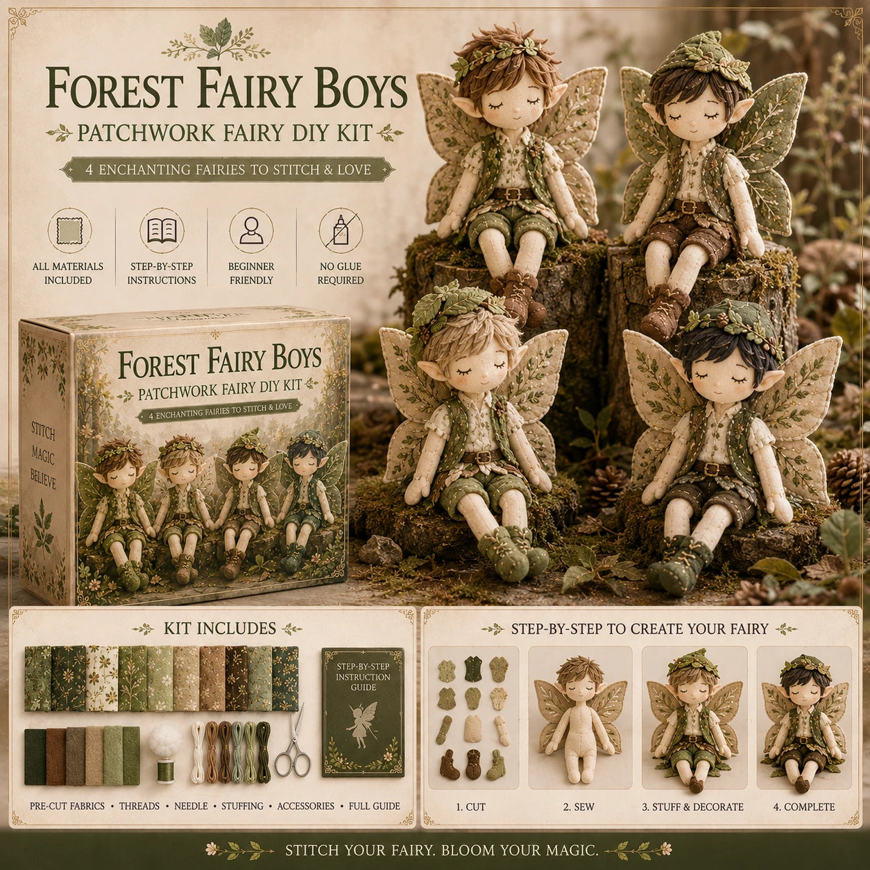 🔥LAST DAY 49% OFF - Fairy Boys Patchwork DIY Kit ✨ Make 4 Tiny Fairy Boys By Hand