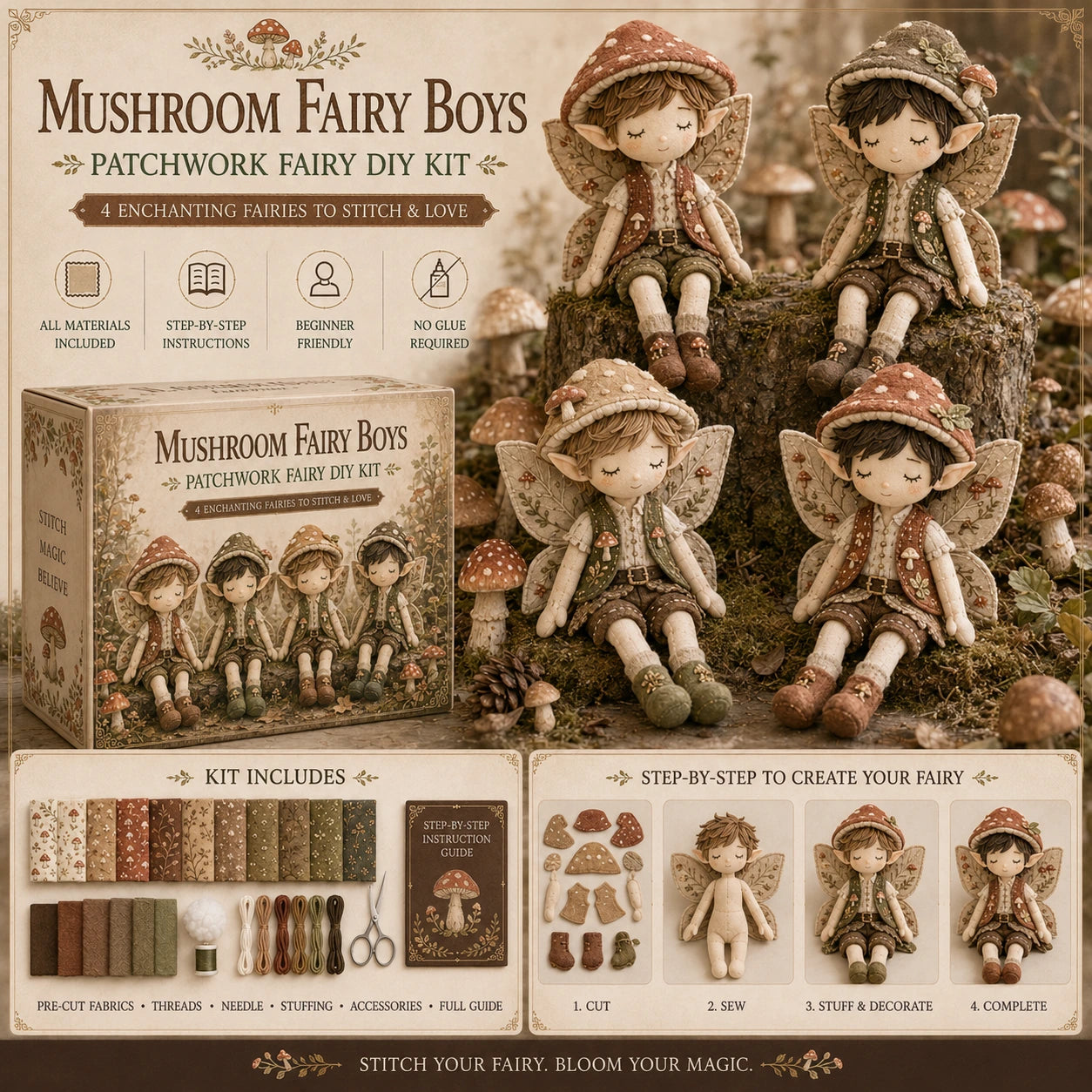🔥LAST DAY 49% OFF - Fairy Boys Patchwork DIY Kit ✨ Make 4 Tiny Fairy Boys By Hand