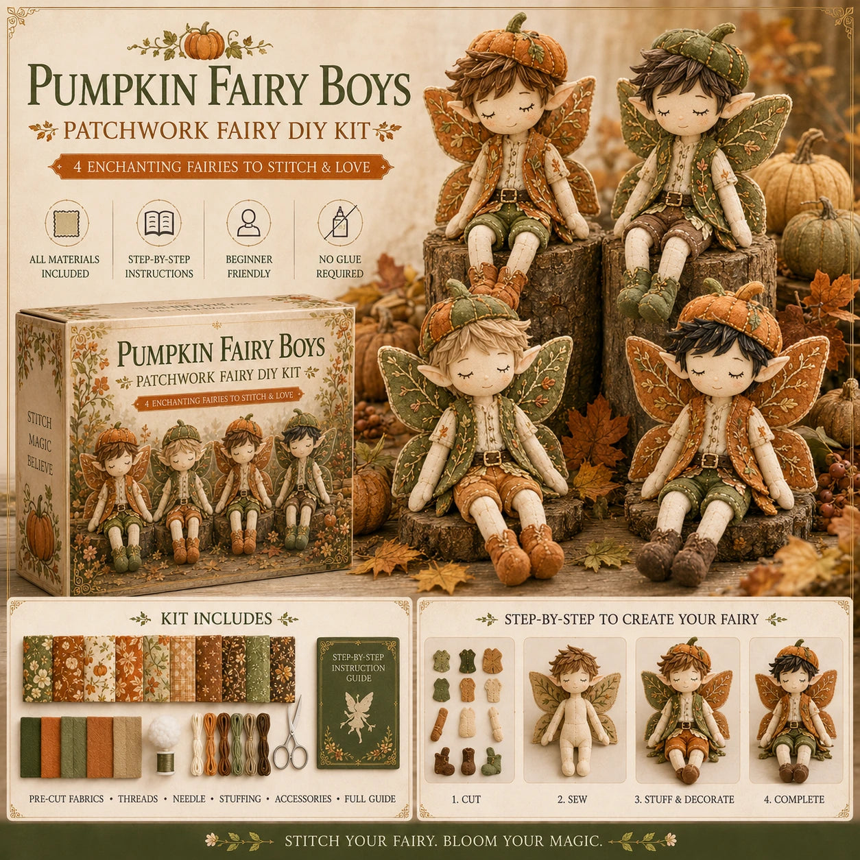 🔥LAST DAY 49% OFF - Fairy Boys Patchwork DIY Kit ✨ Make 4 Tiny Fairy Boys By Hand