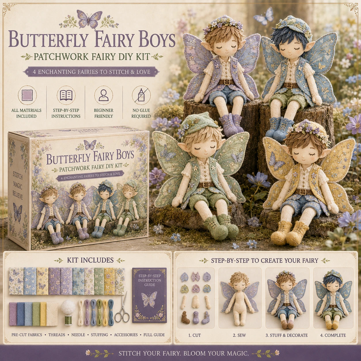 🔥LAST DAY 49% OFF - Fairy Boys Patchwork DIY Kit ✨ Make 4 Tiny Fairy Boys By Hand