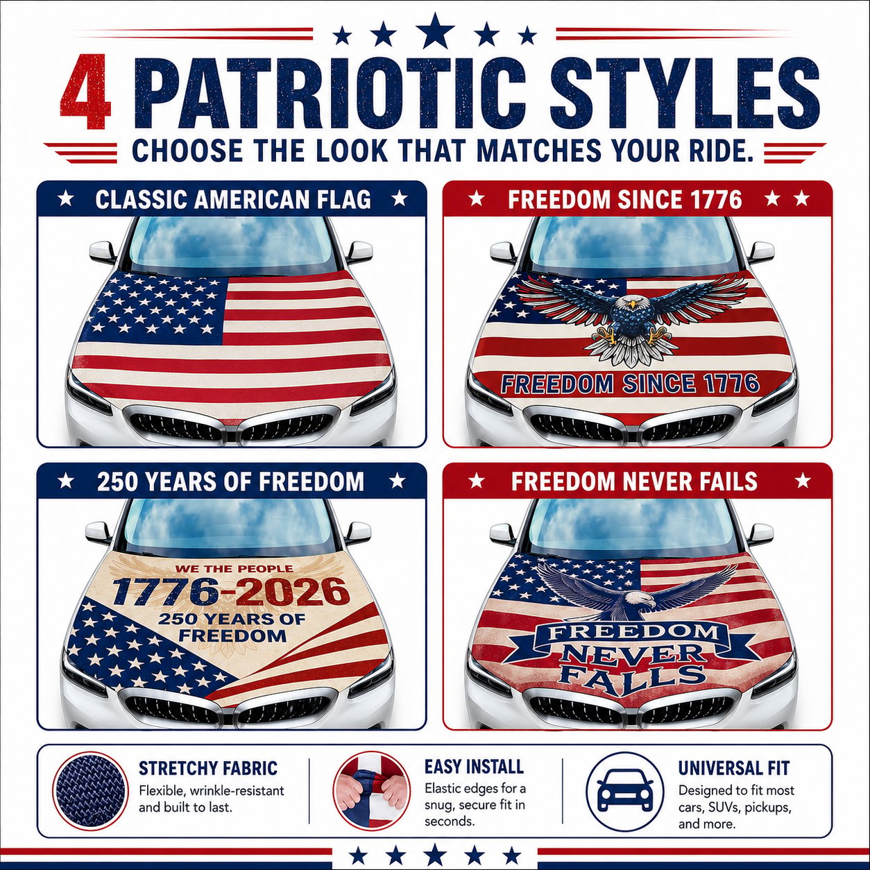 🇺🇸 Universal American Hood Flag Cover - Fits Most Cars, SUVs & Pickups
