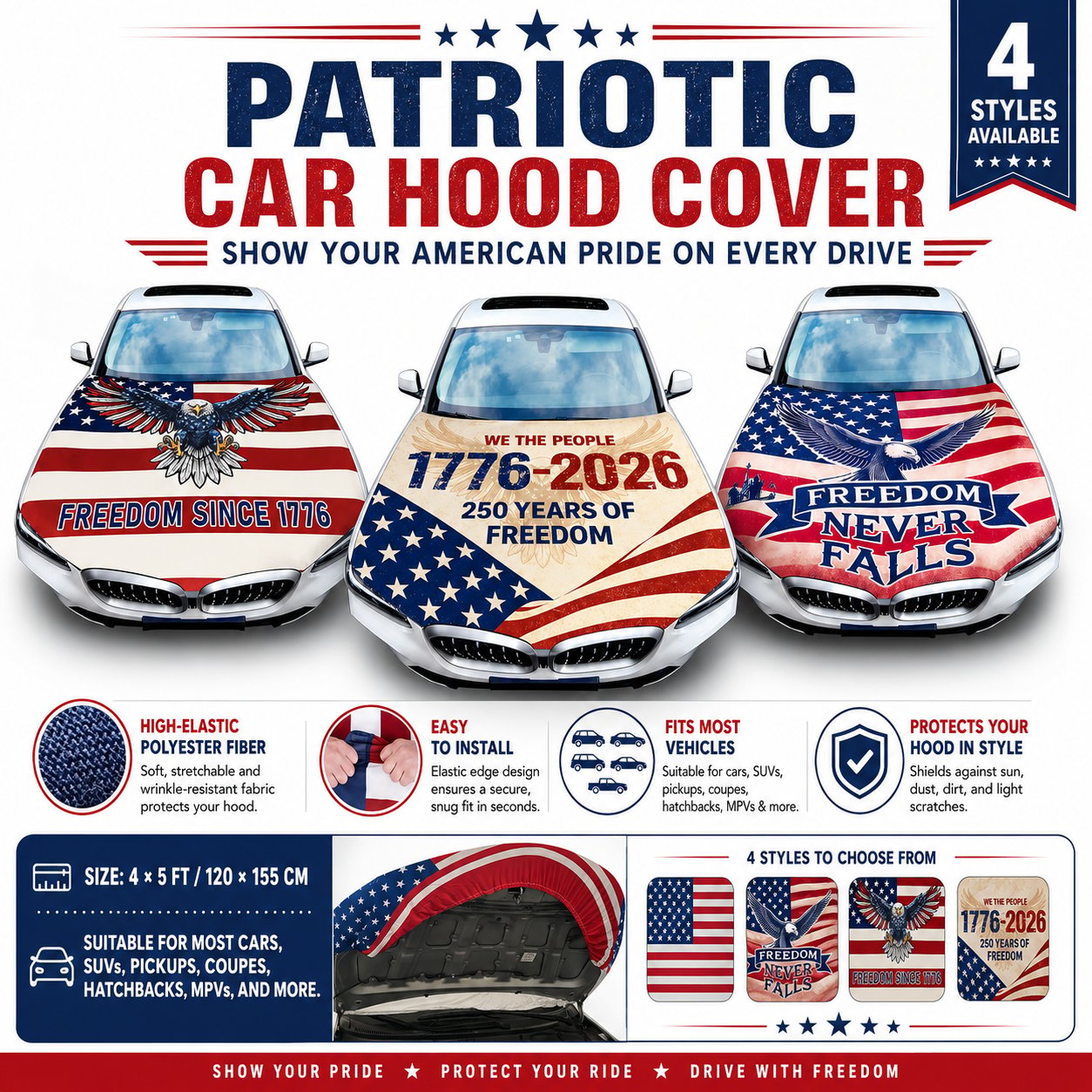 🇺🇸 Universal American Hood Flag Cover - Fits Most Cars, SUVs & Pickups